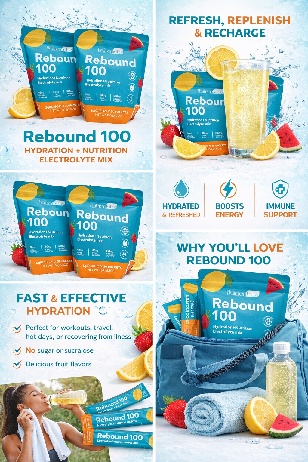 Rebound 100 Hydration + Nutrition Electrolyte Mix | 30 Packets | Immune & Muscle Support