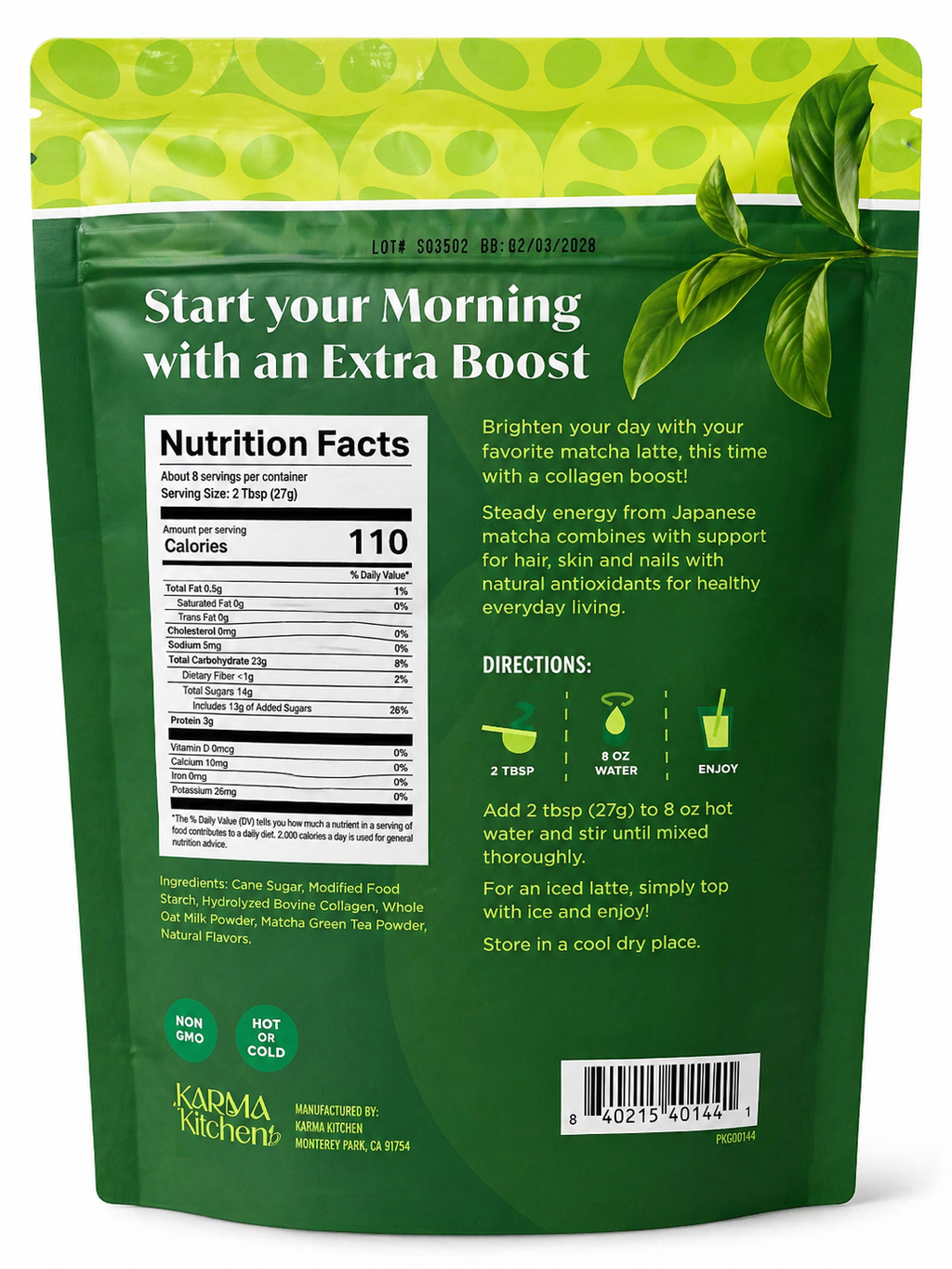 X2 Karma Kitchen Matcha Collagen Latte Mix Vanilla – Matcha Green Tea & Collagen Powder for Hair, Skin & Nails | Natural Antioxidants | 7.5 oz (212g)