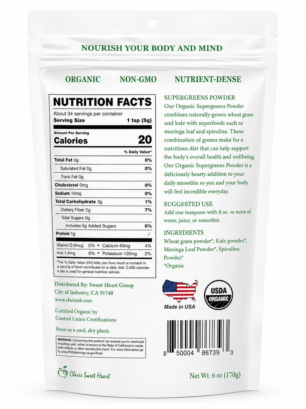 X2 Organic Supergreens Powder – USDA Organic Greens Blend with Wheat Grass, Kale, Moringa & Spirulina | Daily Superfood Supplement | 6 oz (170g) – Pack of 2